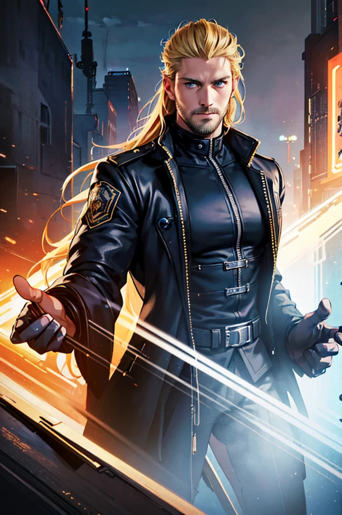 a man in his 30s, long blonde hair, sparse beard, blue eyes, determined expression, wearing a black tactical jacket, cinematic lighting, dramatic pose, 8k, photorealistic, hyper detailed, exquisite facial features, sharp focus, digital art, concept art, sci-fi, realistic, masterpiece