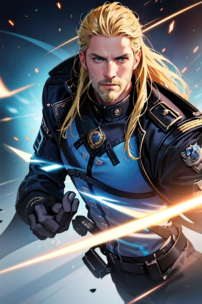 a man in his 30s, long blonde hair, sparse beard, blue eyes, determined expression, wearing a black tactical jacket, cinematic lighting, dramatic pose, 8k, photorealistic, hyper detailed, exquisite facial features, sharp focus, digital art, concept art, sci-fi, realistic, masterpiece