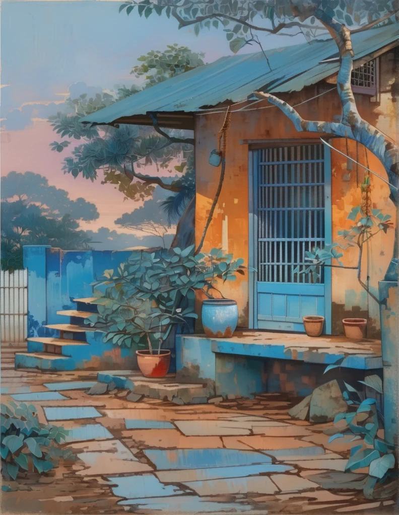 wide view, indian hut, cracked walls, blue faded paint, stairs, banyan tree outside, blue pinkish sky, evening time, earthy tones, clothes hanging on wire, windy, plant pots outside, old broken small gate, mud verandah, shed, cozy atmosphere, micro landscape, intrinsic details, masterpiece