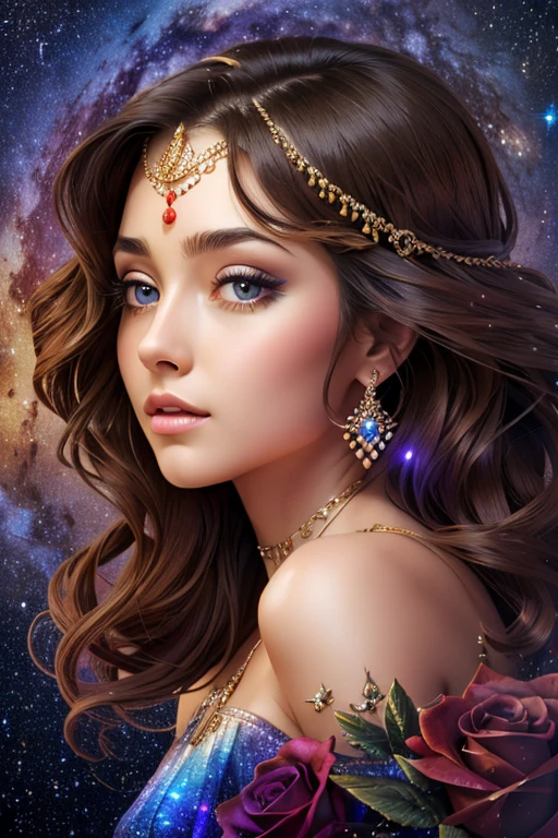 best quality specialist, masterpiece, realistic , ultra detailed, space, Milky Way, Virgo Zodiac Sign ,Constellation Cygnus, Portrait of an extraordinary girl - the ideal of beauty ! purple rose .