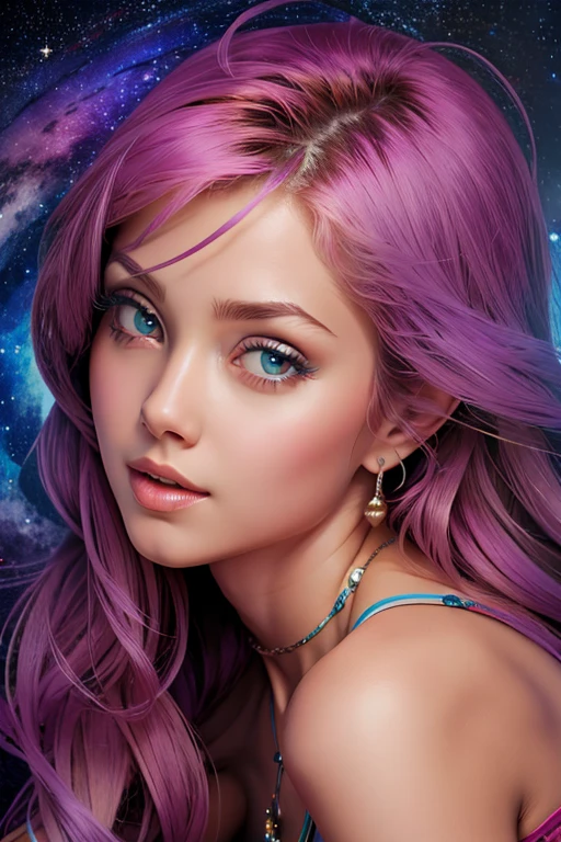 best quality specialist, masterpiece, realistic , ultra detailed, space, Milky Way, Virgo Zodiac Sign ,Constellation Cygnus, Portrait of an extraordinary girl - the ideal of beauty ! purple rose .