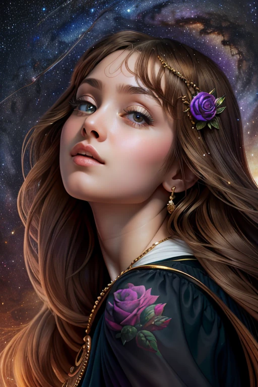 лучший цифровой masterpiece по качеству, masterpiece, realistic , ultra detailed, space, Milky Way, Virgo Zodiac Sign ,Constellation Cygnus, Portrait of an extraordinary girl - the ideal of beauty ! purple rose .