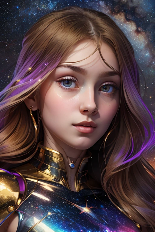 лучший цифровой masterpiece по качеству, masterpiece, realistic , ultra detailed, space, Milky Way, Virgo Zodiac Sign ,Constellation Cygnus, Portrait of an extraordinary girl - the ideal of beauty ! purple rose .