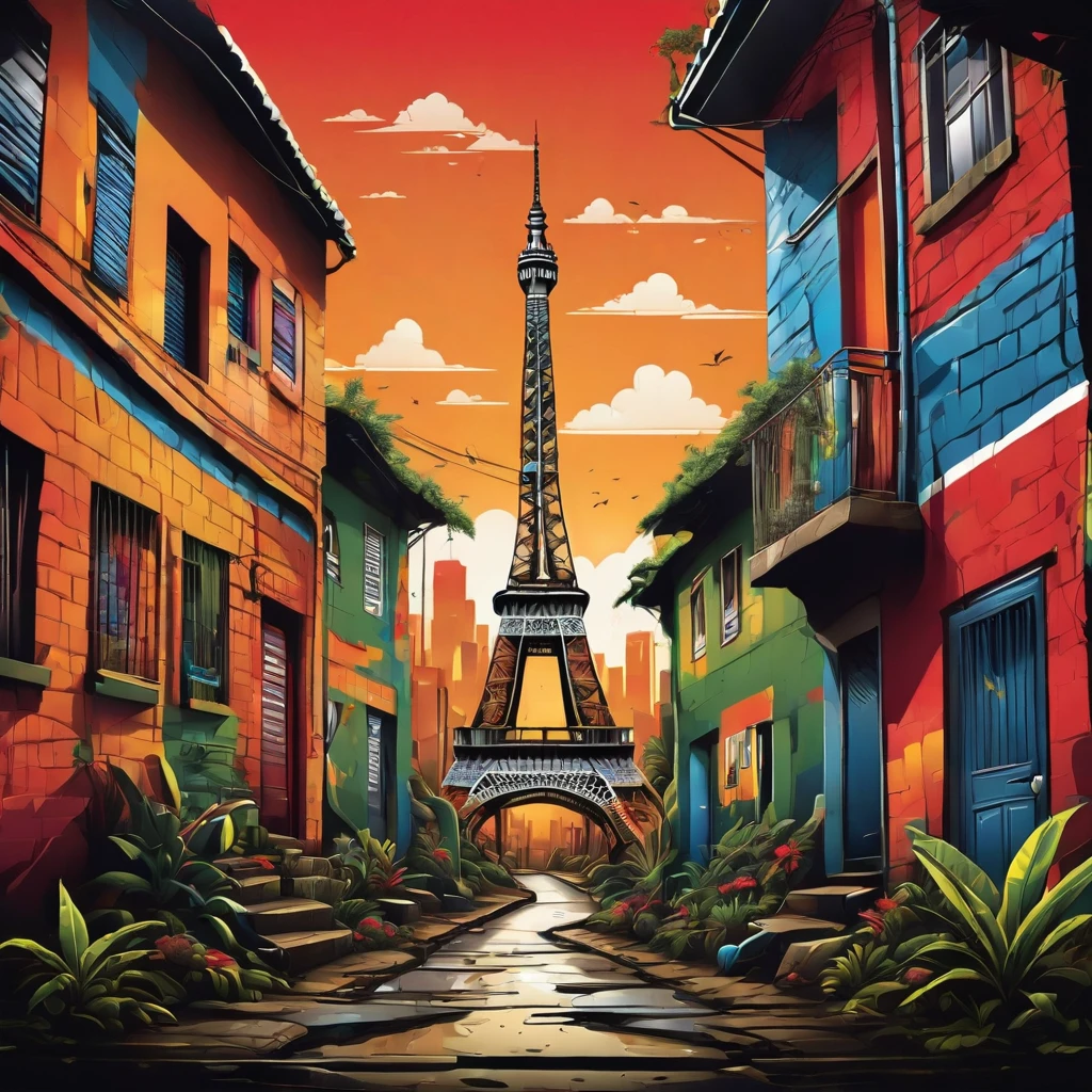 Vector t-shirt art, centered, t-shir design, Eifell Tower in the middle of a favela, Brazil, Afrofuturism, plants, eifell tower made of houses in a favela, ultra quality, intricate details, cinematic lighting, vintage album cover