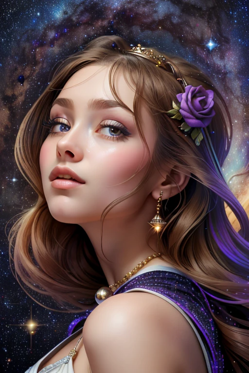 лучший цифровой masterpiece по качеству, masterpiece, realistic , ultra detailed, space, Milky Way, Virgo Zodiac Sign ,Constellation Cygnus, Portrait of an extraordinary girl - the ideal of beauty ! purple rose .