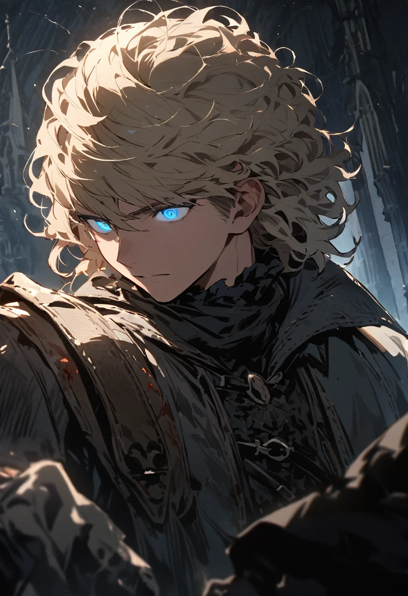 masterpiece, expressive eyes, perfect face, best quality, 1boy, male focus, solo focus, Adult, Fighter, Echo Knight, light blue eyes, tanned skin, cropped hair, clean hair, wavy hair, ash blonde hair, Hunter, Celestial, Church belfry, fingerless gloves, bloodborne, glowing eyes
