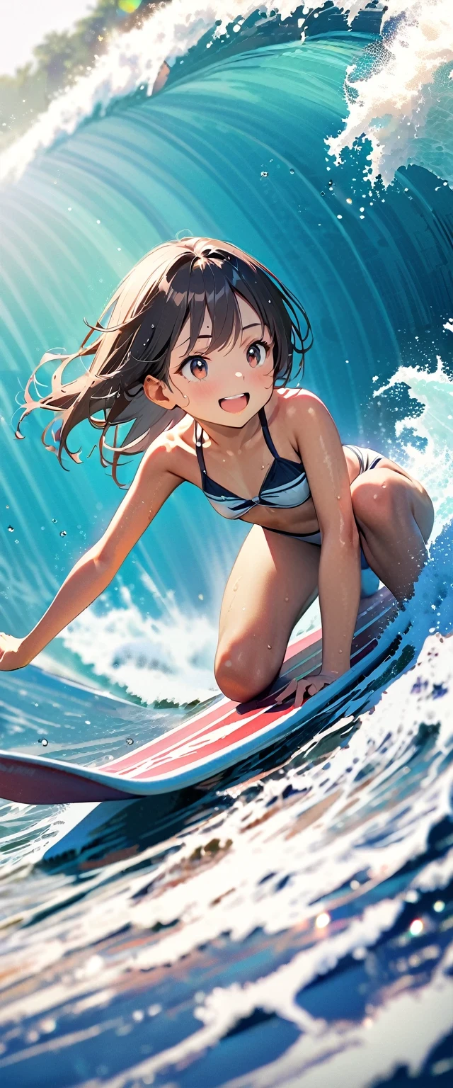 (1girl\(surfer\) riding surfboard in wave tunnel:1.3),quality\(8k,wallpaper of extremely detailed CG unit, ​masterpiece,hight resolution,top-quality,top-quality real texture skin,hyper realisitic,increase the resolution,RAW photos,best qualtiy,highly detailed,the wallpaper,cinematic lighting,ray trace,golden ratio\), BREAK ,solo,1girl\(cute,kawaii,very attractive,young,, breast\(perky,big,beautiful\),bikini\(swim wear\),rushgard\(very wet\),hair\(long,wet,shiny\),big eyes,cosmic eyes,(bikini tan),surfer,surfing\((riding surfboard:1.4),on the wave\),wet skin,(dynamic pose:1.2),surfboad,smile\) (riding surfboad:1.5), BREAK ,background\((big wave\(rolling,beautiful,clear,(motion blur:0.5)\):1.5),beautiful sea\(whitecaps\),clean ocean,beautiful coral, beautiful fish,beautiful sky,beautiful sunlight,reflections,golden hour,water splash,you can see the wind browing\),(dynamic angle:1.4)