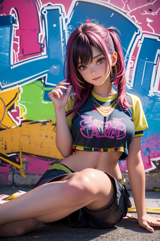 (Best quality), masterpiece, extremely detailed CG illustration of a uniform 8K, saturated color, extremely saturated color saturation, all colors have become deeper, dye, Graffiti art, central composition, extremely detailed light and shadow, graffiti on the wall, wall dyeed bright, 1 girl graffiti 1 girl looking at the wall, very detailed face and eyes, medium length hair, sportswear, colored clouds