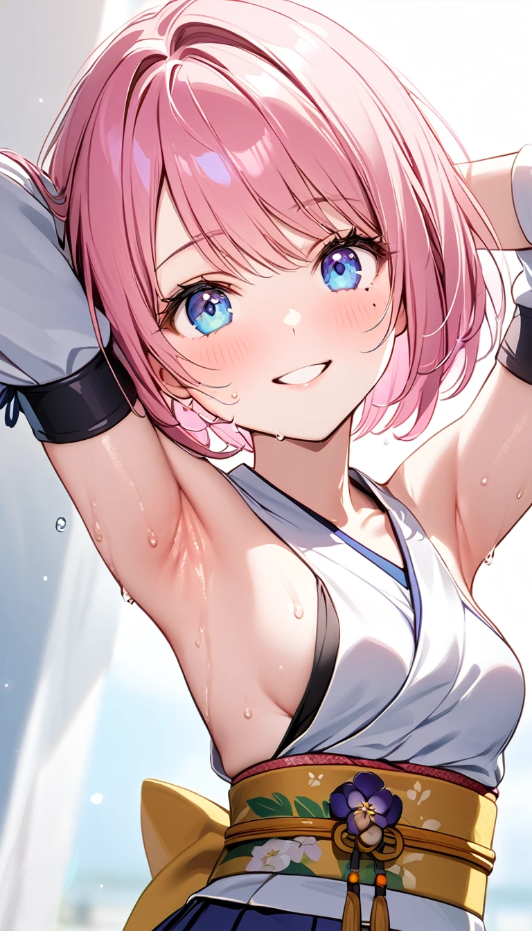 (1 girl),(Best Picture Quality, 8K, Masterpiece:1.3), (high school student:1.5), ((pink lob hair:1.1)), (bob cut),(swept bangs), (cute eyes, pupil black, iris skyblue, youthful face), (mole under right eye), (standard weight), (small breasts), (glistening skin:1.3),(pale skin:1.2),(sweaty skin:1.2),(Smile),BREAK YunaX, heterochromia, detached sleeves, japanese clothes, sash, obi, hakama skirt, purple hakama,BREAK ((showing armpits)),