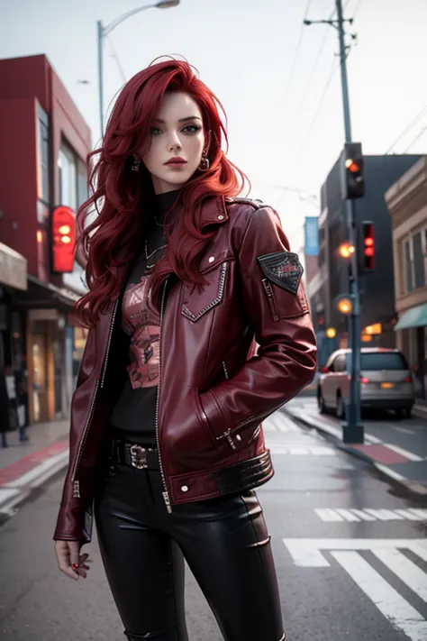 wasteland outlaw, red hair, black leather jacket, patches, retrofuturism, fall out, 50s