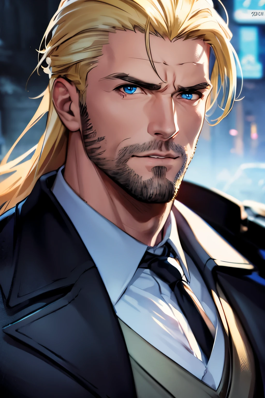 anime style, a man in his 30s, long blonde hair, sparse beard, blue eyes, determined expression, wearing a black tactical jacket, cinematic lighting, dramatic pose, 8k, photorealistic, hyper detailed, exquisite facial features, sharp focus, digital art, concept art, sci-fi, realistic, masterpiece