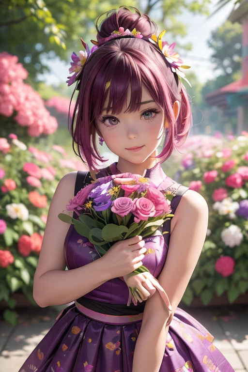 (ultra-detailed background, detailed background), absurdity, a high resolution, Ultra detailed, extremely detailed, 1 girl, Yae Miko, pink hair, purple eyes, (bouquet of flowers:1.3), (confused:1.2), (geometric:1.2),(colorful),