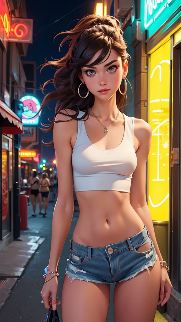 (Best Quality,4k,High resolution,ultra detailed,realist:1.2), a skinny girl with medium breasts,long messy hair ,  body , flat stomach, fitted white tank top, denim shorts , earrings , Necklace bracelets on the street at night., neon lights and advertising