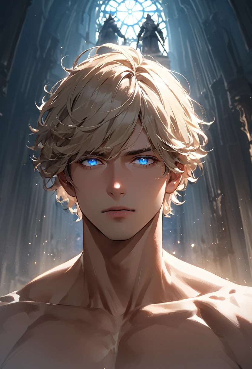 masterpiece, expressive eyes, perfect face, best quality, 1boy, male focus, solo focus, Adult, Fighter, Echo Knight, light blue eyes, tanned skin, cropped hair, clean hair, wavy hair, ash blonde hair, Hunter, Celestial, Church belfry, fingerless gloves, bloodborne, glowing blue eyes
