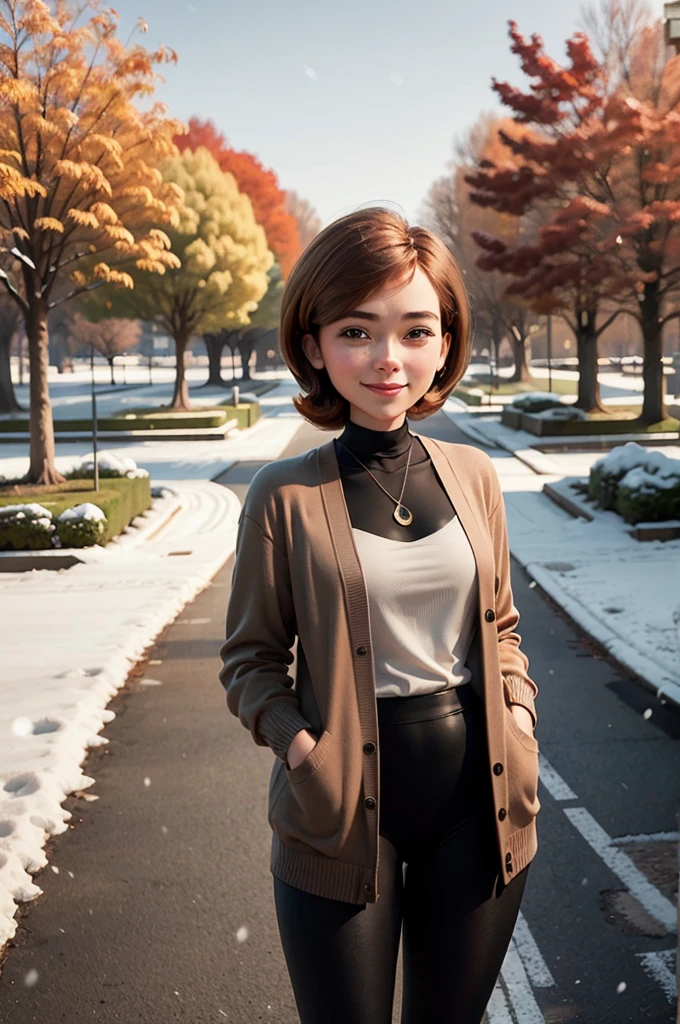 helenparr, short brown hair, brown eyes, cardigan jacket, turtleneck sweater, leggings, looking at viewer, smiling, medium shot, standing, outside, park, grass, trees, autumn, snow, overcast, high quality, masterpiece 