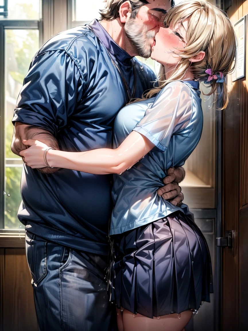 (Girl, Fat middle-aged man:1.2)、Blue Shirt、Pleated skirt、blush、(Kissing with a middle-aged man:1.6)、(hug)、train、Very detailed、High resolution、4K、masterpiece、High resolution、(tears:1.8)、(Clothes are see-through:1.2)、(heart:1.3)、(rape)、(Grin:1.3)、(Half-close your eyes:1.6)、(Tongue entangled)、staff identity card