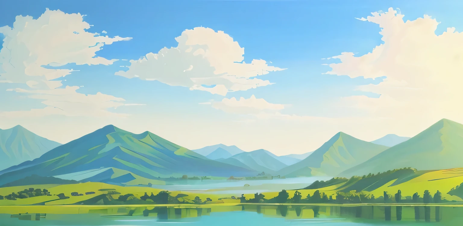 There is a painting，The scene is blue sky, white clouds, green water and green mountains.，Little flowers serve as embellishments.