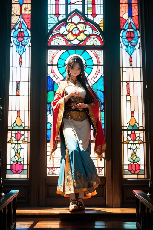 (masterpiece, top quality, Best quality,official art, beautiful and aesthetically pleasing:1.2),(1 girl:1.3), 1 girl BREAK stained glass art, colored glass, leading lines, light transmission BREAK bright colors, complex structures, Lighting effects, Spiritual atmosphere