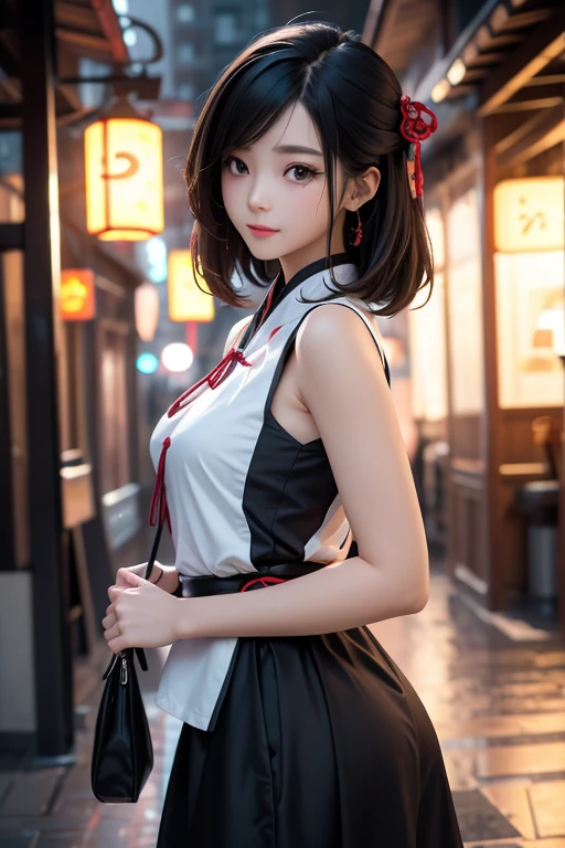 1 girl,whole body,very detailed face, beautiful detailed eyes,Light on your face,cinematic lighting,I look at the viewer,on open air,black hair,(Black Chinese Architecture:0.05),Hanfu,