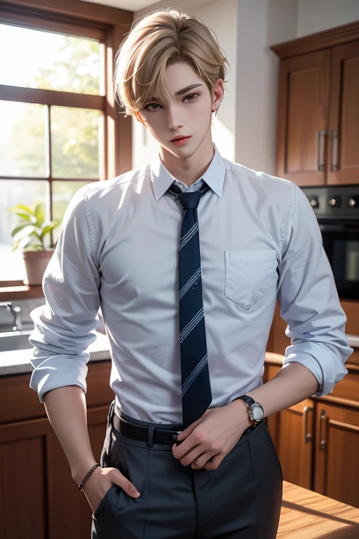 There is a man, who is looking forward to,bang, short straight blonde hair, strong, anton, Handsome young man, 18 years,