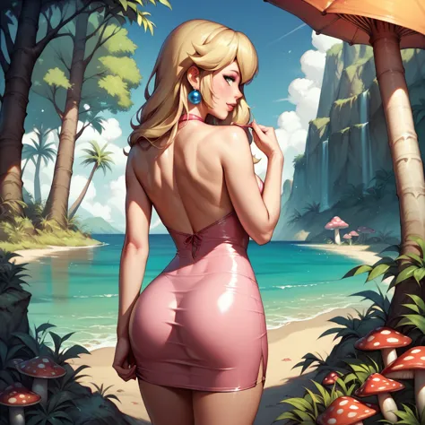 princess peach leans into a mushroom forest picking mushrooms from the ground. wearing a short dress, tight dress, long wavy blo...