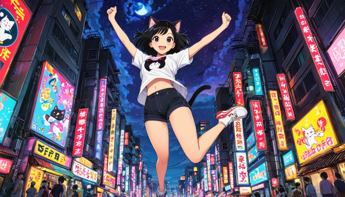 (((wide angle shot, from below, full body))), Girl, black hair, medium breast, jumping, spread arms and arms up, smile, T-shirt, White, Art, Retro, Cartoon Collage, ((little black cat on sholder)), tokyo city night background, neon light, detailed background, Anime Style