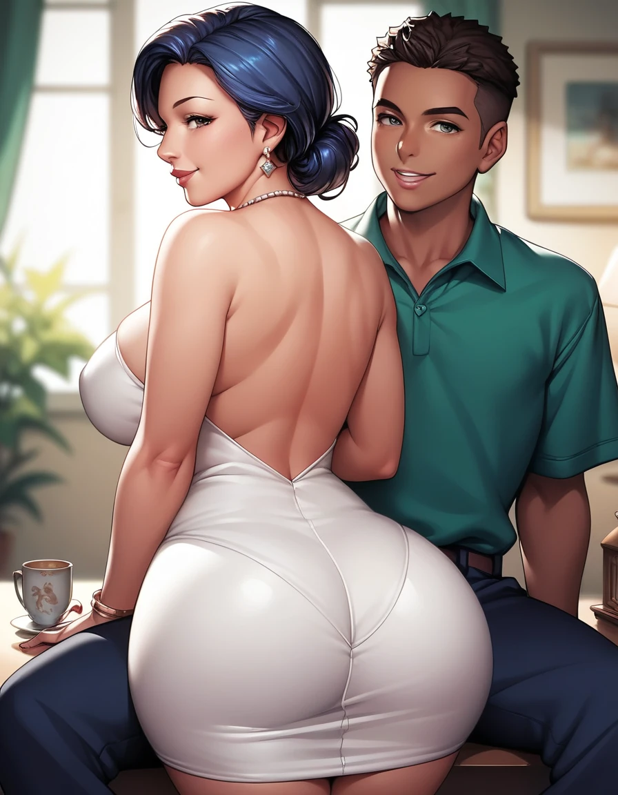 score_9, score_8_up, score_7_up, source_anime, 1boy, 1girl, mature female, mother and stepson , mature male, seductive smile, looking at viewer, The mother is sitting, stepson is clinging on mother, white tight short dress, from behind, (focus on her hips), Sitting on stepson, stepson is african