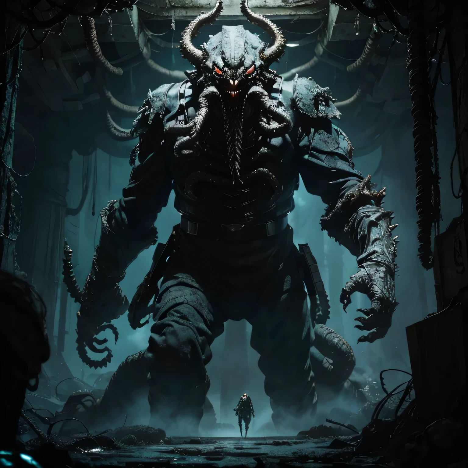 A monstrous, gargantuan bio-horror creature with dripping tendrils and a gaping maw, towering over a lone armored figure in a dimly lit, eerie sci-fi environment, dramatic cinematic lighting, detailed textures, intricate tentacles, slime and ooze, evocative of cosmic horror and dark fantasy themes
