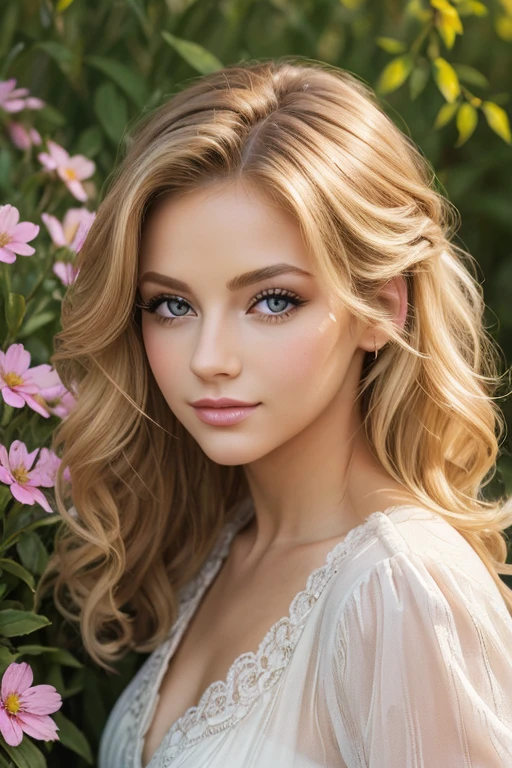 (masterpiece:1.2), (Best quality:1.2), Perfect eyes, perfect face, perfect lighting, 1 girl, Mature female in the field, medium blonde hair, curly hair, detailed clothing, detailed outdoor background, draw up, eyeshadow, thick eyelashes, Fantasy, I look at the viewer, spring 