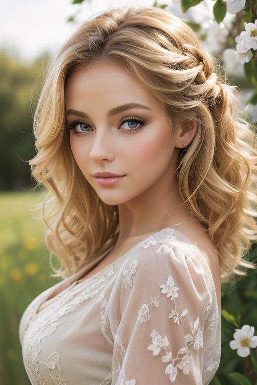 (masterpiece:1.2), (Best quality:1.2), Perfect eyes, perfect face, perfect lighting, 1 girl, Mature female in the field, medium blonde hair, curly hair, detailed clothing, detailed outdoor background, draw up, eyeshadow, thick eyelashes, Fantasy, I look at the viewer, spring 