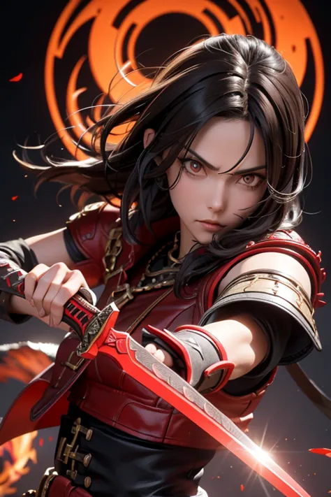 brunette hair, male, red eyes, serious expression, monster hunter style, hand sword, hooligan, high detail