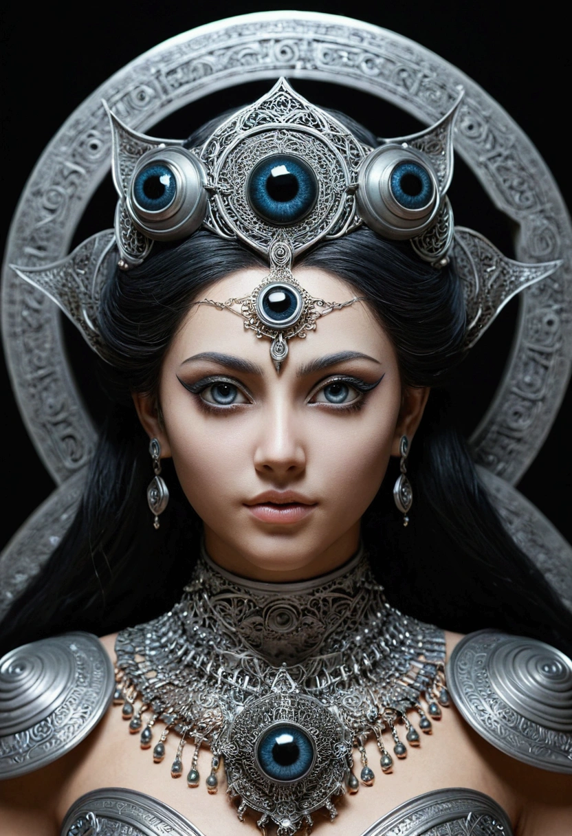 （best qualtiy，ultra - detailed，Most Best Illustration，Best shadow，tmasterpiece，A high resolution，professionalartwork，famousartwork），Detailed eyes，beautidful eyes，closeup cleavage，sci-fy，colored sclera，Robot eyes，face markings，Tattooed with，（fractalized，Fractal eyes），largeeyes，Wide eyes，（Eye focus），sface focus，Cosmic eyes，Space eyes，Close-up of metal sculpture of a woman with a moon in her hair，goddes。extremly high detail，3 d goddess portrait，Extremely detailed footage of the goddess，a stunning portrait of a goddess，Side image of the goddess，portrait of a beautiful goddess，Full body close-up portrait of the goddess，hecate goddess，portrait of a norse moon goddess，goddess of space and time