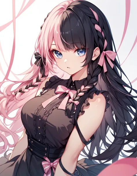 long hair、(pink and black braids on both sides、left hair is pink、right is black)blue eyes、left ribbon is black、right ribbon is b...