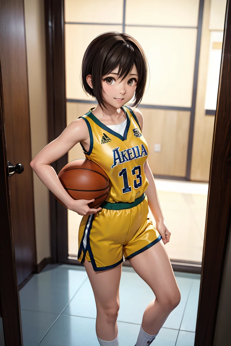 yuffie kisaragi、One Woman、Brown Hair、Asymmetrical bangs、Small waist、Thin legs、smile、Basketball Uniforms、dribble