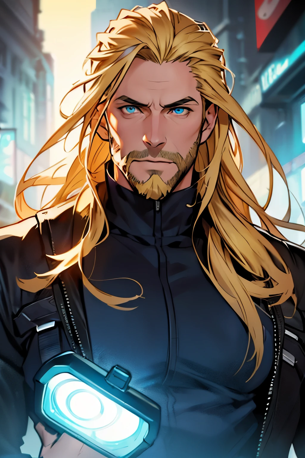 anime style, a man in his 30s, long blonde hair, sparse beard, blue eyes, determined expression, wearing a black tactical jacket, cinematic lighting, dramatic pose, 8k, photorealistic, hyper detailed, exquisite facial features, sharp focus, digital art, concept art, sci-fi, realistic, masterpiece