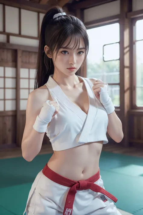 (i can imagine a sporty bra)、(((sexy karate outfit)))、karateka woman with bangs and ponytail、visible navel and lower chest、shiny...