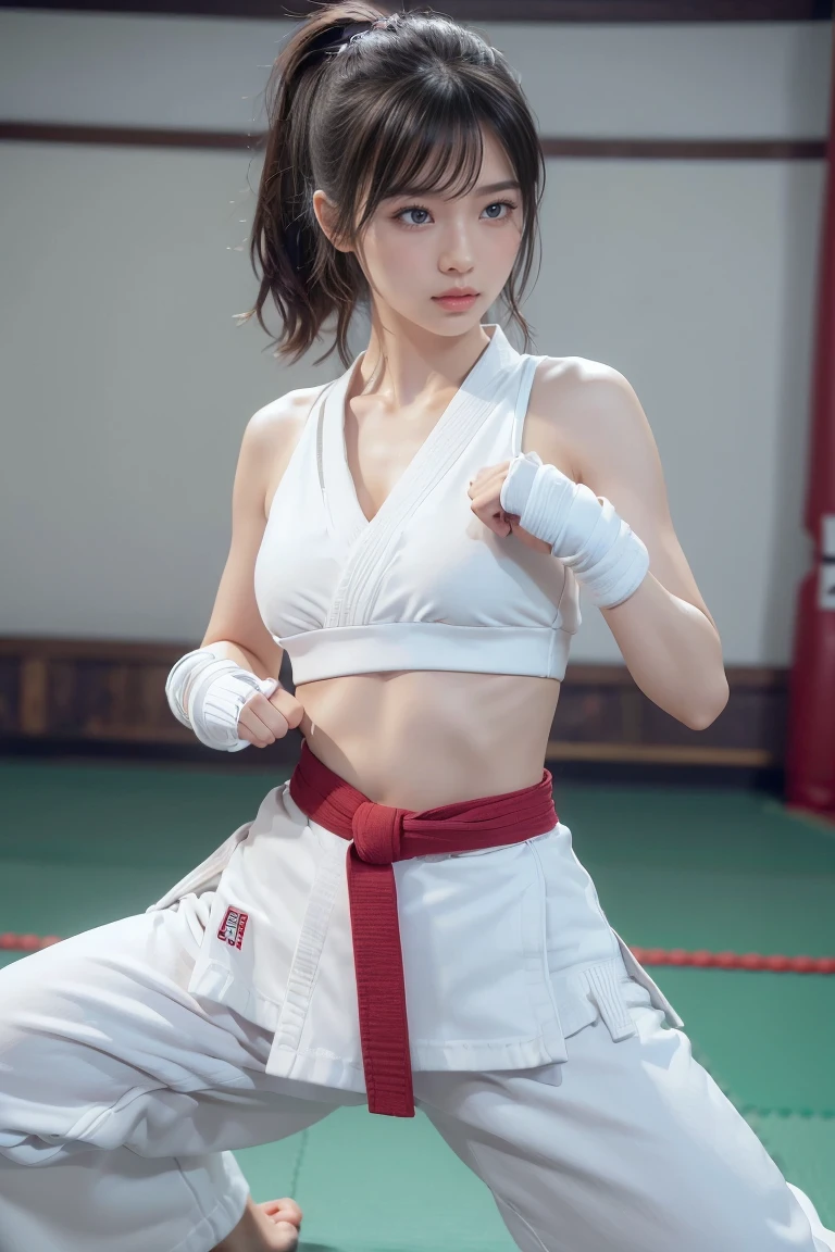 (I can imagine a sporty bra)、(((sexy Karate outfit)))、Karateka woman with bangs and ponytail、Visible navel and lower chest、shiny skin、((shy face))、((Turn your face away))、((looking sideways))、((Face is red))、(Teary Eye)、crying、(((Karate-Dojo)))、((Delicate pictures))，(Masterfully detailed RAW photos:1.25), (highest quality:1.6), (super high resolution:1.5), (realisti:1.75), 8K resolution, Canon EOS R5, 50mm, absurdes, super detailed,cinematic lighting、((Sporty panties are visible))、(((Pants are being taken off)))、