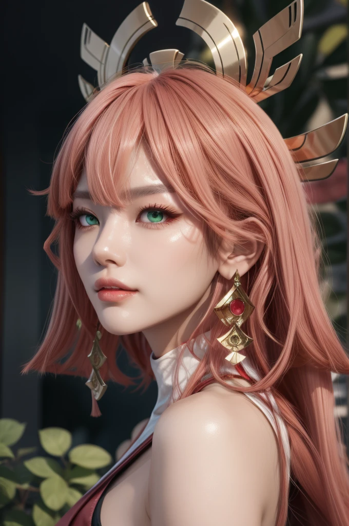 Yae Miko, long pink hair, red headdress, red highlight, hair above one eye, green eyes, earrings, sharp eyes, realistic, age 26, pure white skin, perfect face, perfect shape body, extra large stif breasts, 3d, front side pose