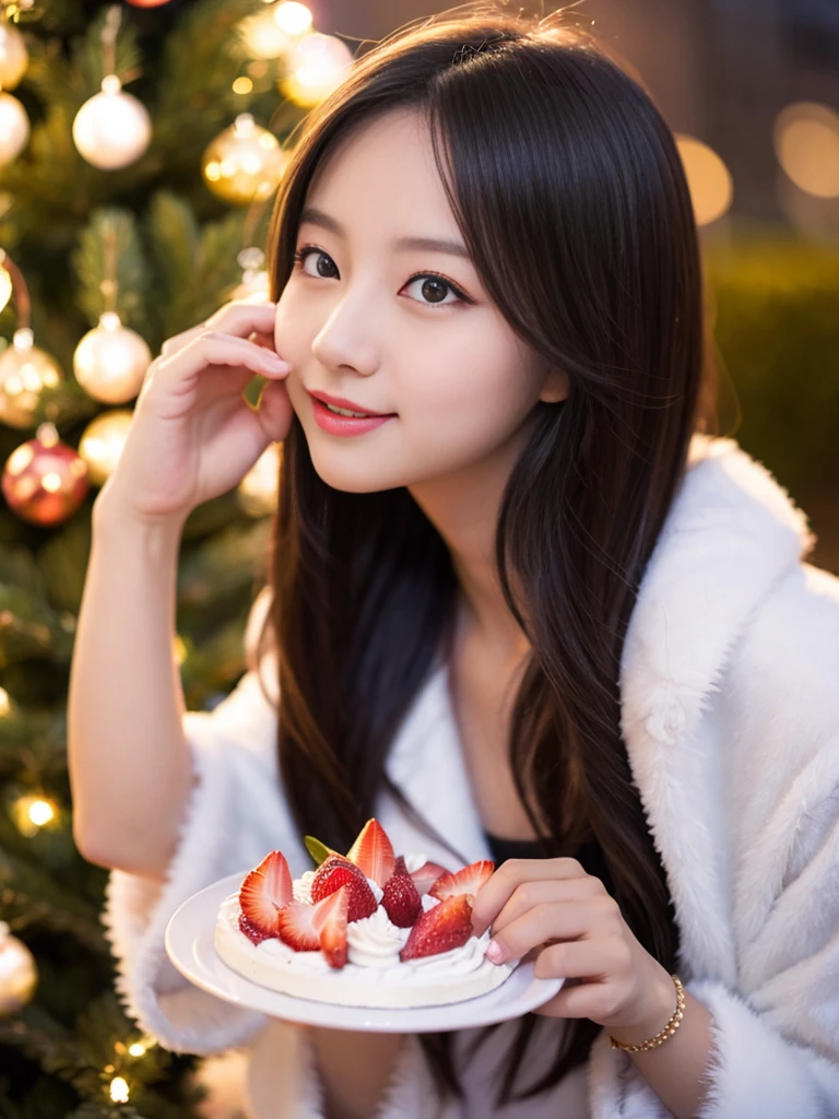 santa girl eating cake、red titi、see -through、White fur、Santa Girls、top-quality、Night Background、Christmas tree、bokeh dof、top-quality