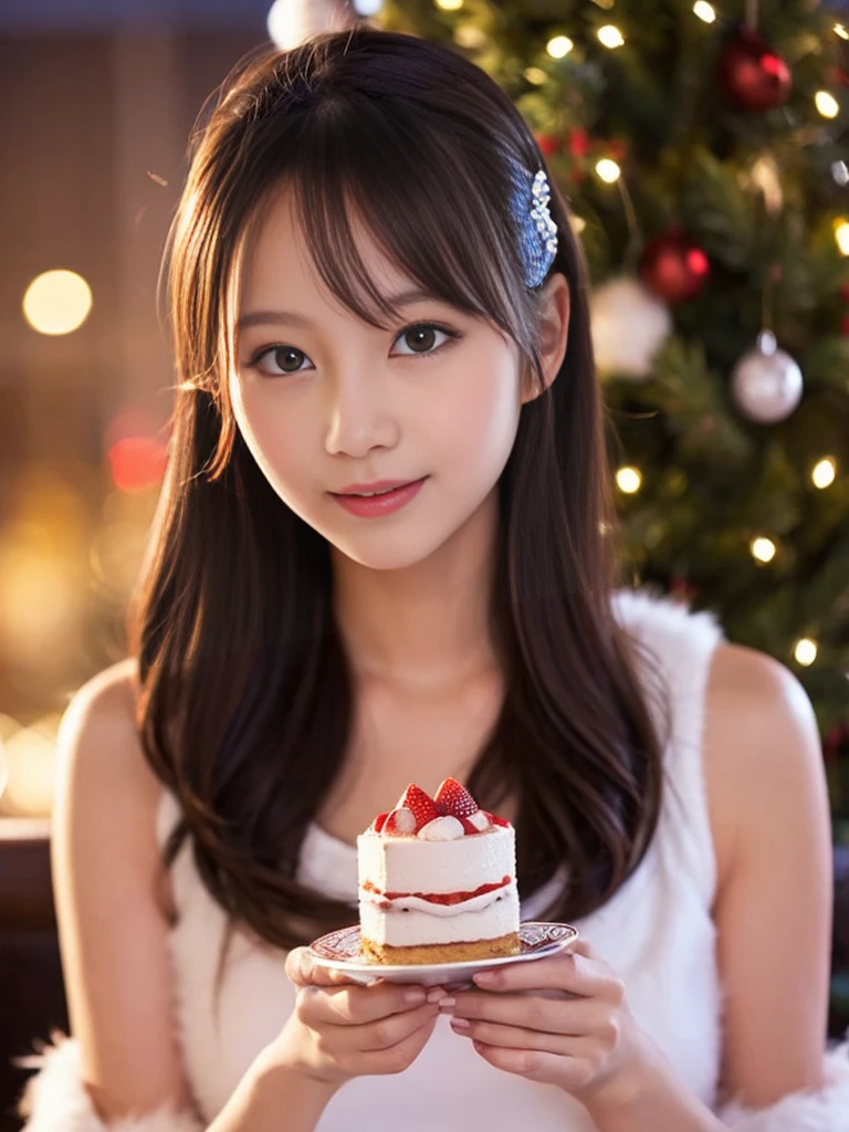 santa girl eating cake、red titi、see -through、White fur、Santa Girls、top-quality、Night Background、Christmas tree、bokeh dof、top-quality