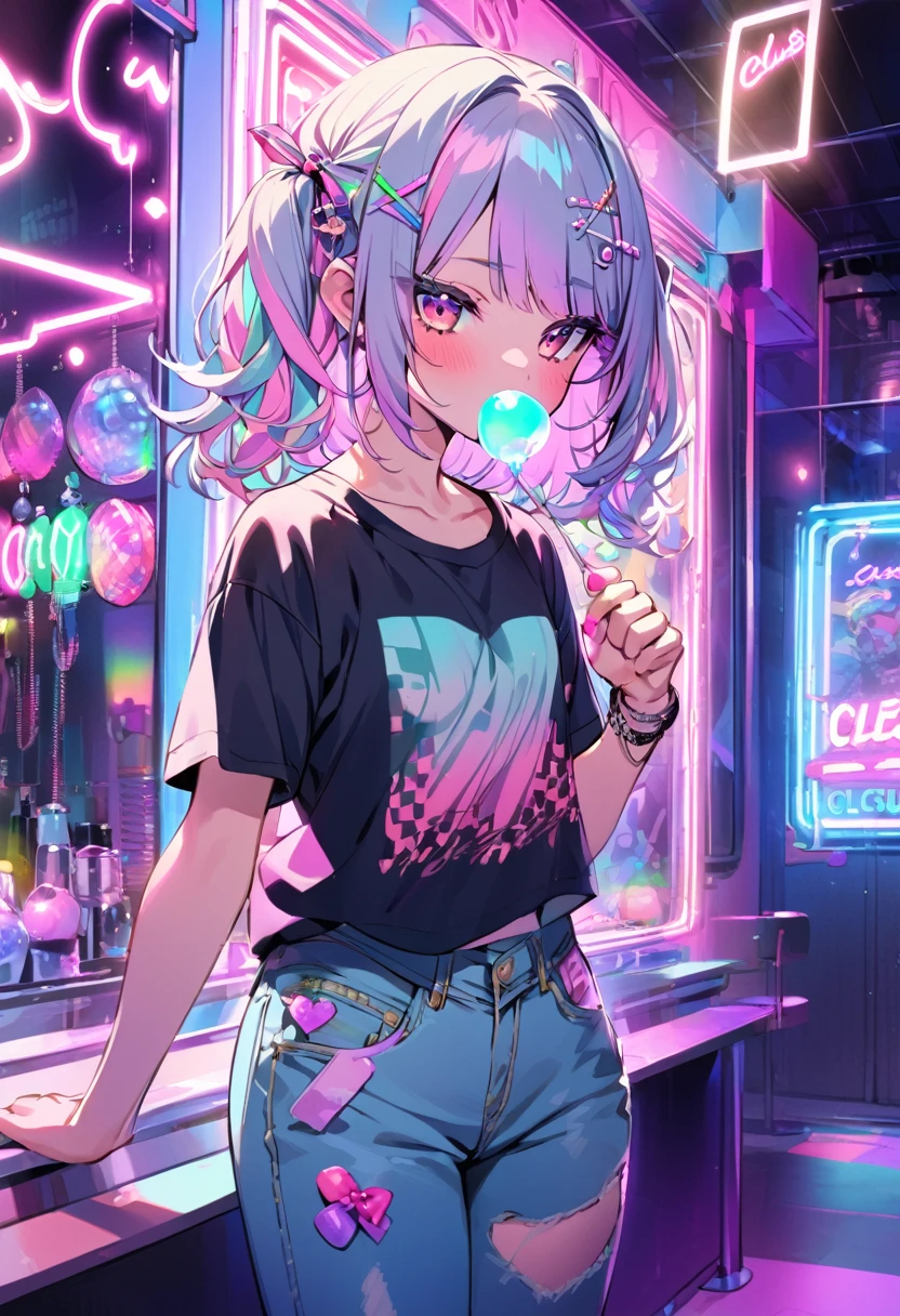 young girl(multicolor hair, t-shirt, seductive look, jeans), standing, indoors, decora, pastel color, night club, neon lights, she chews gum, blows a bubble