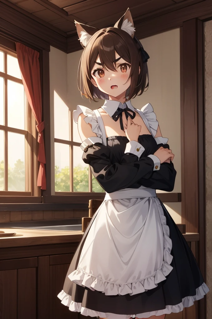 è²å©åæ¯Â·é¿çå°,1boy,otoko no ko,animal ears,cat ears,solo,brown hair,hair bow,bangs,bob cut,short hair,brown eyes,hair between eyes,thick eyebrows,short eyebrows,fang,otoko no ko,
detached sleeves,apron,small breasts,ribbon trim,white apron,black neck ribbon,cleavage,dress,frills,black skirt,roswaal mansion maid uniform,waist apron,long sleeves,
castle,, Exquisite visuals, high-definition,masterpiece,best quality,Exquisite visuals,high-definition,masterpiece,best quality,18yo,Young female,Beautiful Fingers,Beautiful long legs,Beautiful body,Beautiful character design,