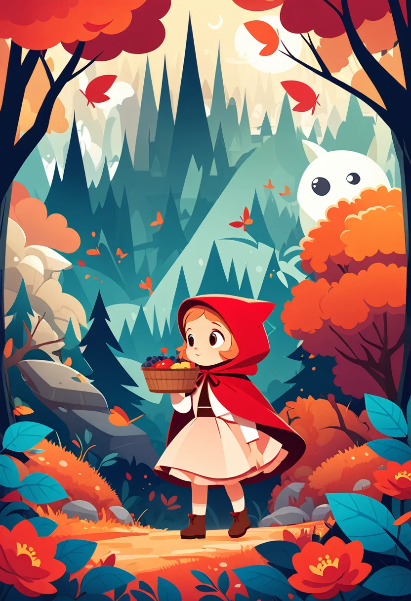 picture book cover, story of Little Red Riding Hood, flat Design, vector illustrations, graphic illustration, detailed 2d illustration, flat illustration, digital illustration, digital artwork,