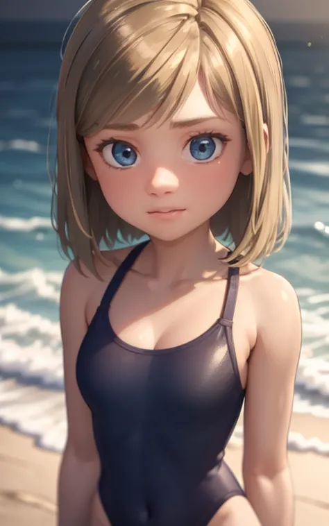 a young  girl wearing a one-piece swimsuit on a beautiful beach, riley andersen from the movie inside out, incredibly detailed f...