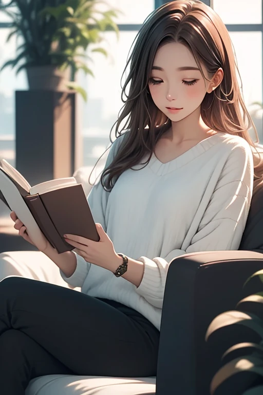 Light Color Palettes,medium front shot, digital art painting . dreaming fresh art style, female office lady, charming relaxing . reading book look at camera freshly green trees leaves swaying morning sunlight hyper ligting insane details background blurry focus on character