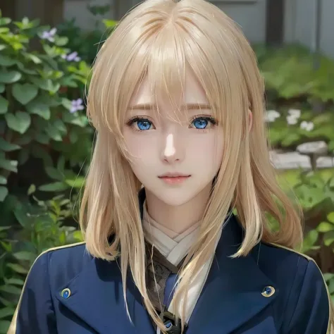 a person with blonde hair, blue eyes, wearing a blue jacket, violet evergarden, female , young woman visual, , anime portrait of...