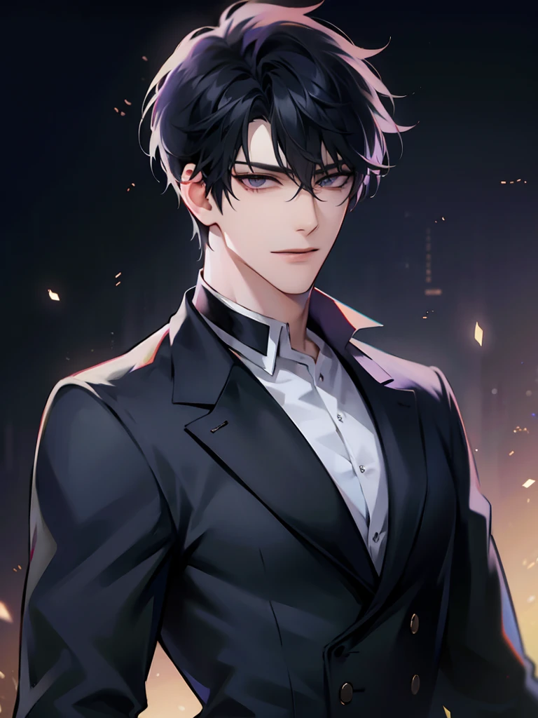 (masterpiece, 8k, high quality, best quality:1.6), 1boy, solo, short hair, black hair, asymmetrical fringe, purple eyes, handsome, sharp eyes, (mature male, mature:1.2), male focus, fashionable, tucked in open white collared shirt, gray pants, necklace, close up, smile, long eyelashes, soft shadows, perfect anatomy