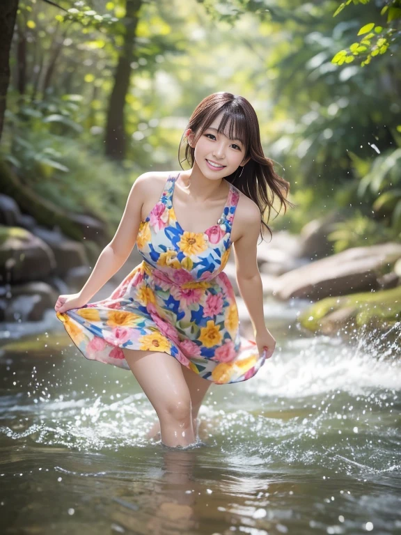 Photo-realistic quality、A Japanese female model wearing a colorful, thin summer dress is running along a stream in the forest., Water is splashing、Cute smile, Japanese Model, Beautiful Japanese Face, Young and cute gravure idol, Cute young woman, Beautiful and smiling, cute beautiful, Real young gravure idol, An innocent smile, beautiful flowing feeling, Young Sensual Gravure Idol, Beautiful cute, Smiling Kindly, ほんのりCute smile、looking at the camera、Detailed and beautiful eyes、Cute smile、A soft and gentle look