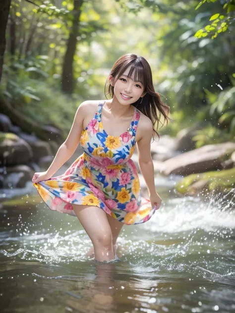 photo-realistic quality、a japanese female model wearing a colorful, thin summer dress is running along a stream in the forest., ...