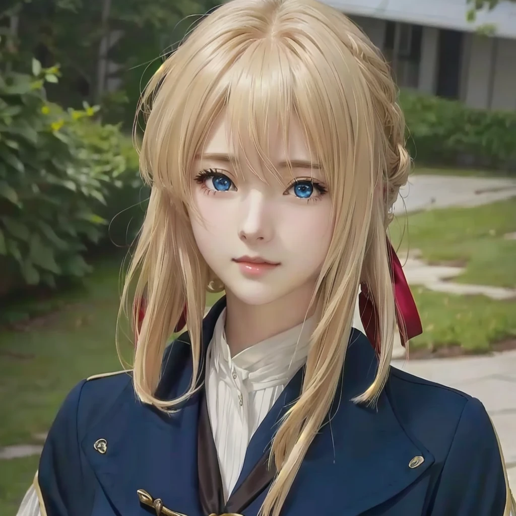 She's wearing a red ribbon, a blue jacket, and has blonde hair and blue eyes., Violet Evergarden, female , Young woman visual, , Anime portrait of Shiina Ringo,  An anime character named Lucy,  Cute anime visuals, Anime Best Girl